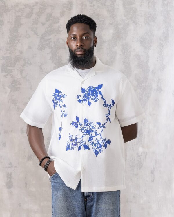 AT White Linen Shirt with Blue Floral Print